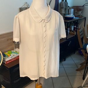 Anthropologie sheer cream button up chiffon scalloped collar short sleeve shirt